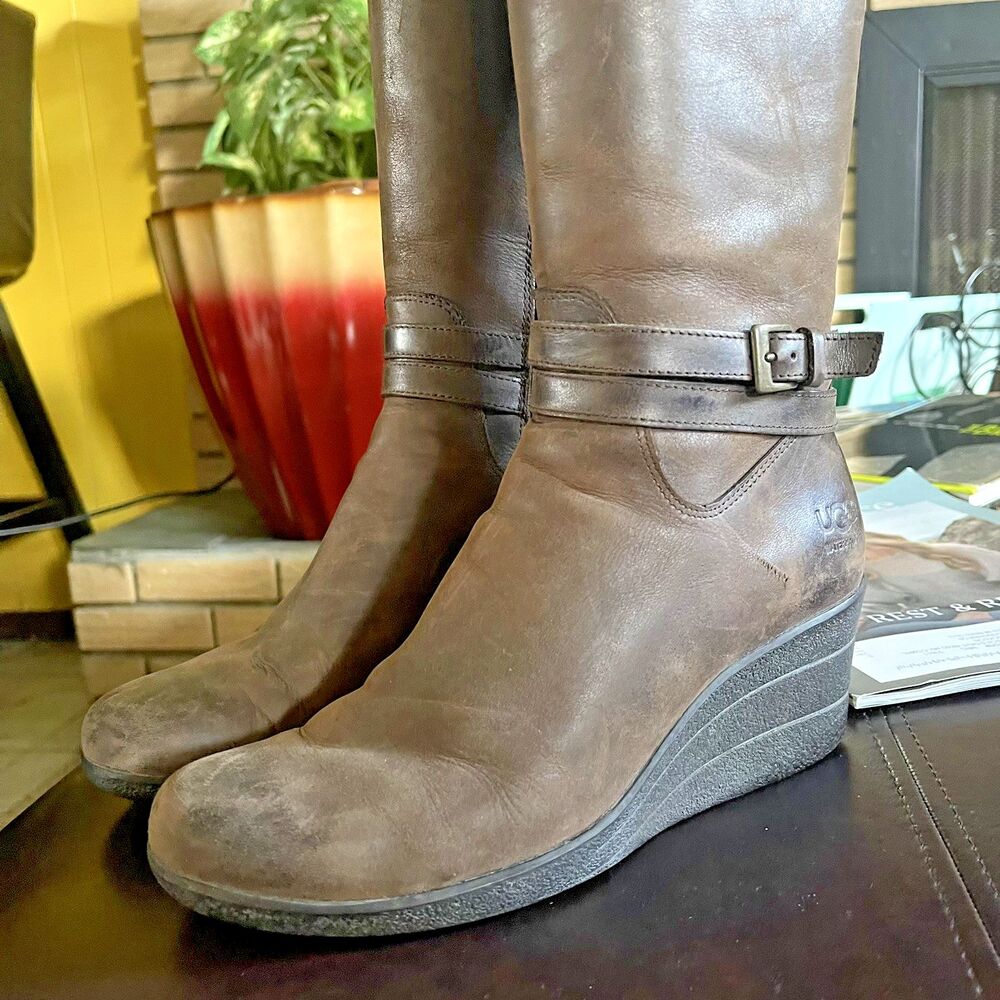 UGG Waterproof Lesley Brown Leather Wedge Tall Boots Buckle Detail Wms Size 7 - Picture 6 of 14